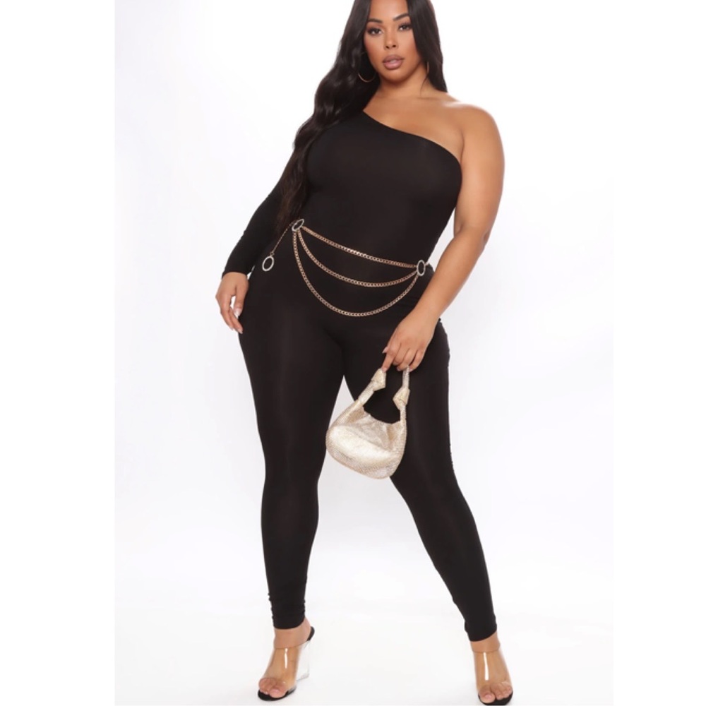 Fashion Nova black Nova Season Long Sleeve One Shoulder Jumpsuit size 1X